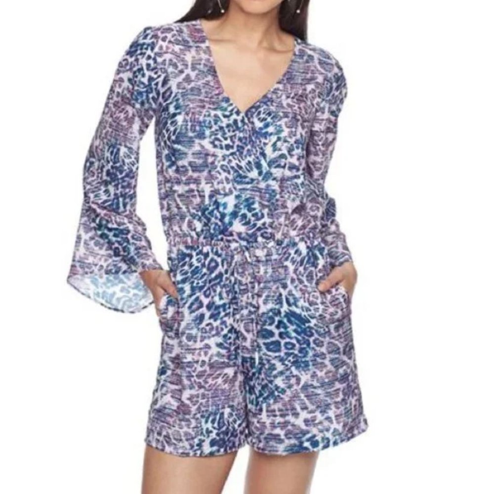 Jennifer Lopez Multicolored Leopard Print Bell-Sleeve V-Neck Romper Size XL
